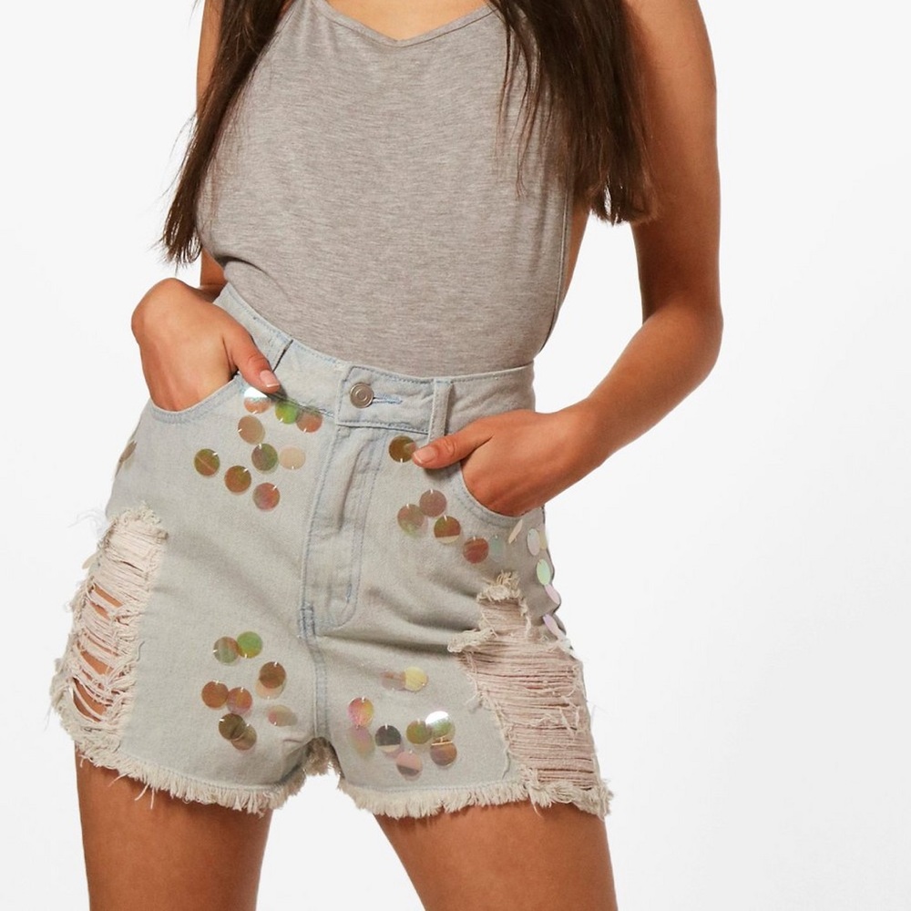 High Waist Mermaid Sequin Mom Shorts - Picture 4 of 6